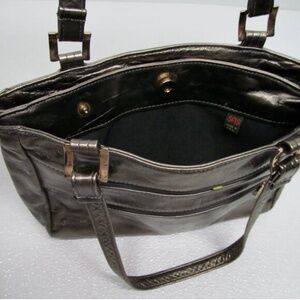Vintage SAS Leather Purse Metallic Pewter Diane Double Strap Zipper Snap Closure